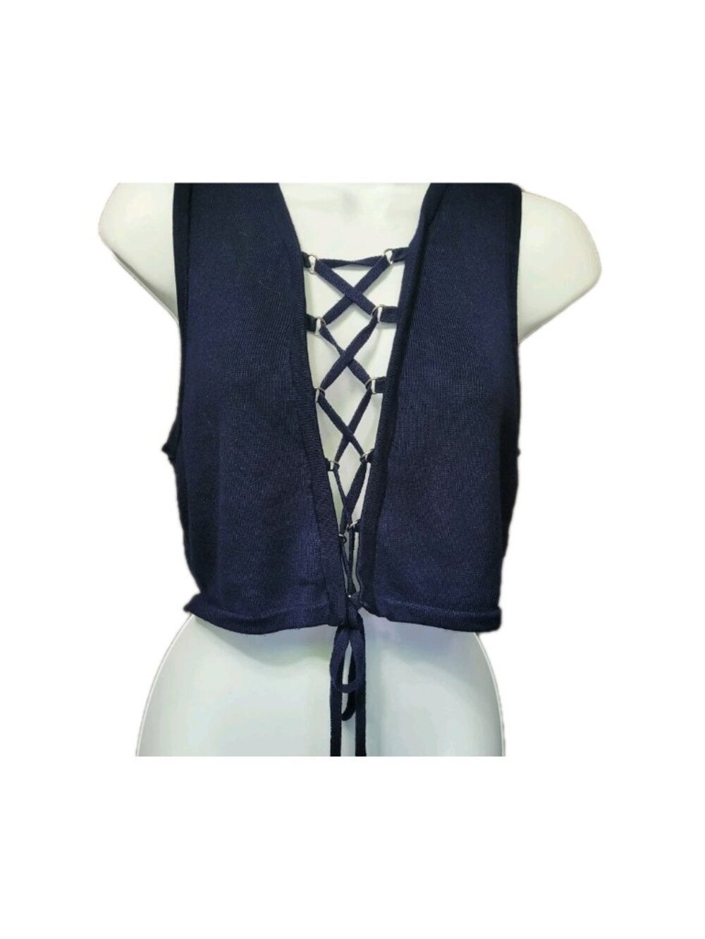 Vintage Y2K Silence + Noise Lace Up Crop Top Vest Tank Knit Navy M Indie Club